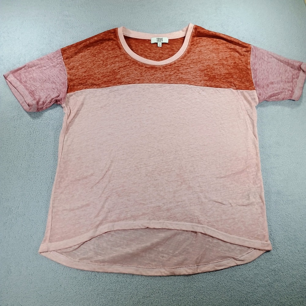 True Craft Womens Colorblock High Low Tee Pink Orange Small Short Sleeve